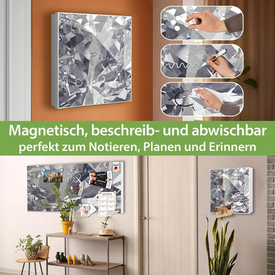 banjado® Grosser Schlüsselkasten Glas/Schlüsselbox 30cm x 30cm mit 50 Haken - Motiv Facetten Monochr