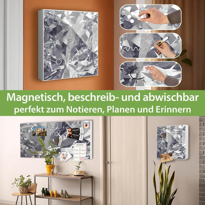 banjado® Grosser Schlüsselkasten Glas/Schlüsselbox 30cm x 30cm mit 50 Haken - Motiv Facetten Monochr