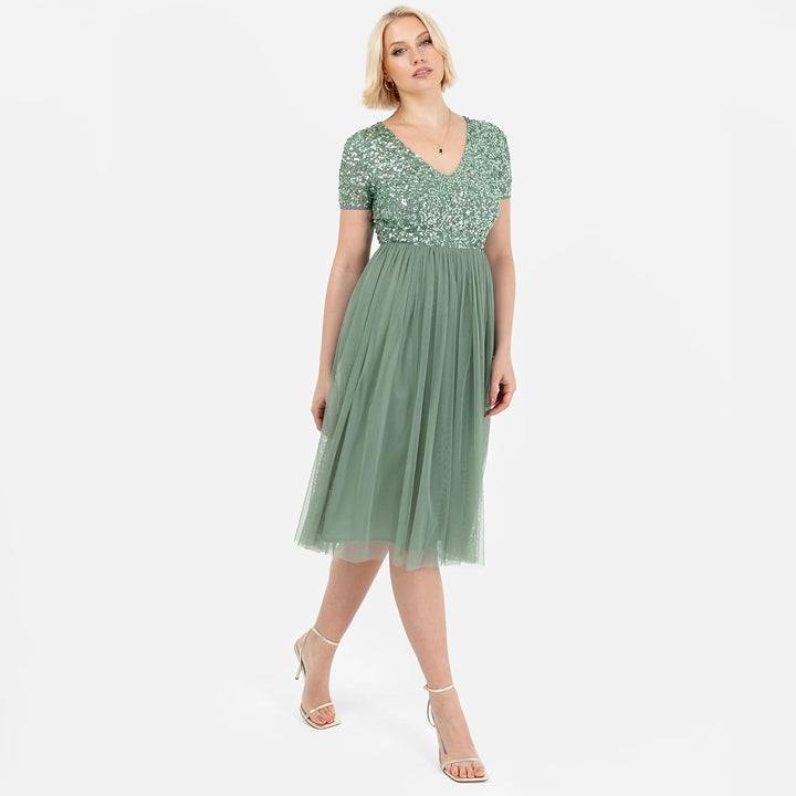 Maya Deluxe Damen Midi-Kleid mit V-Ausschnitt, Verziert Brautjungfernkleid Deep Mint 34, Deep Mint 3