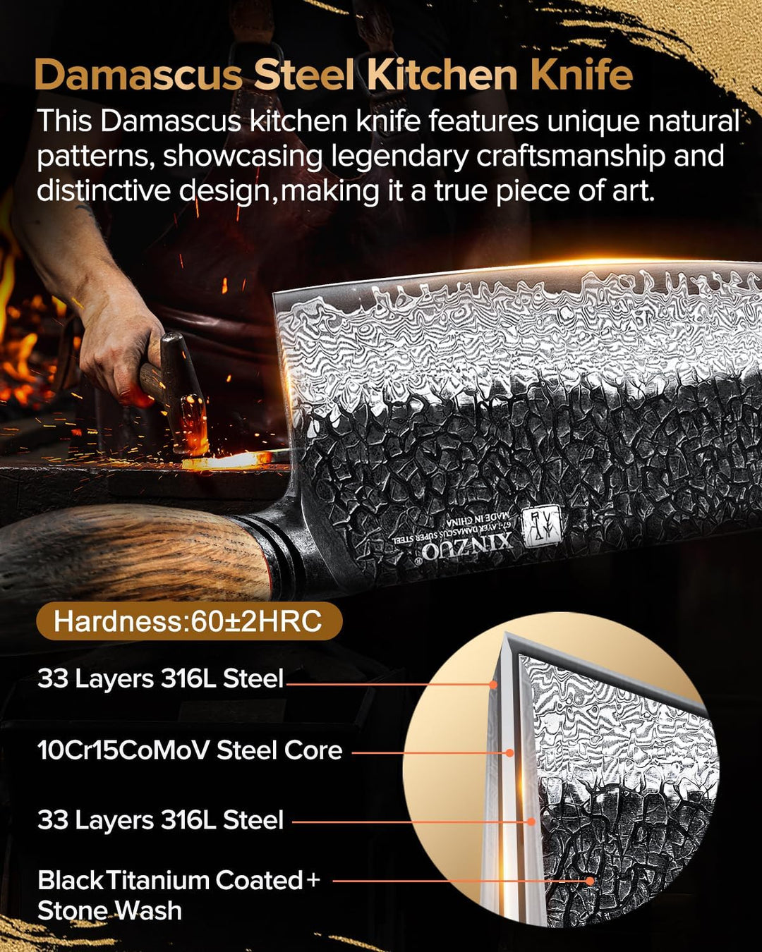 XINZUO Damaststahl Hackmesser 18,5cm Chinesisches Kochmesser -Profi Küchenmesser Hammerfinish Hackbe