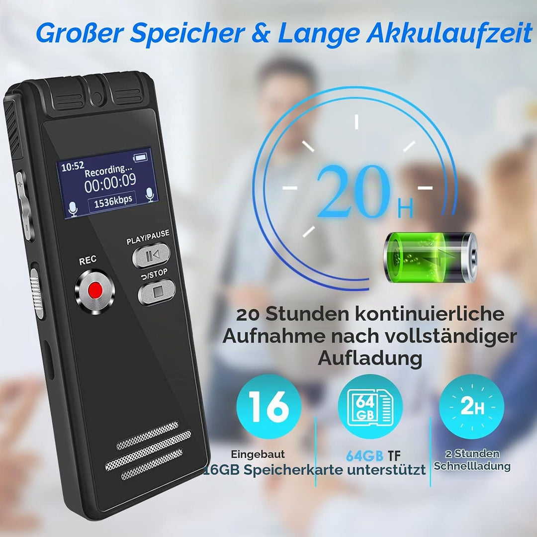 16 GB Aiworth Sprachaktivierter Digitaler Diktiergerät–Mini Aufnahmegerät mit Wiedergabe und Passwor