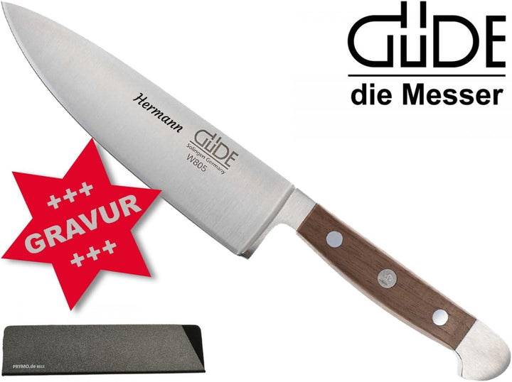 Güde Alpha Walnuss Messer Solingen Kochmesser Allzweckmesser 16cm mit Gravur + Prymo Klingenschutz K