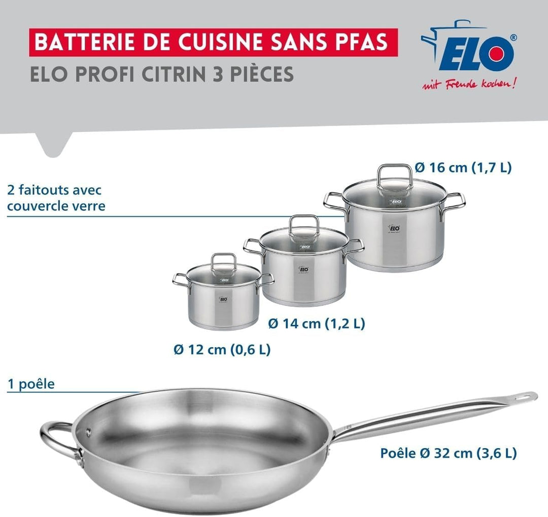 ELO 9699950 Kochgeschirr-Set, 4-teilig, 1 Bratpfanne 32 cm und 3 Kochtöpfe 12, 14 und 16 cm Elo Prof