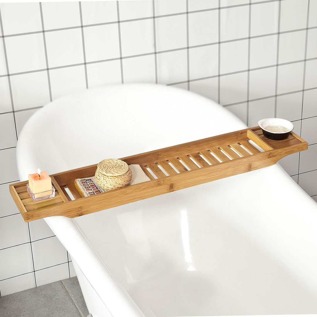 SoBuy Badewannenablage Bambus 80cm Badewannentablett Holz Wannenbrücke Extra Lang &amp; Lackiert für Gro