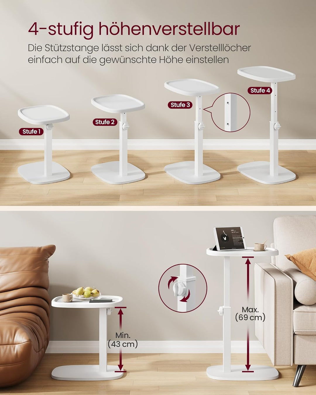 VASAGLE Beistelltisch C-Form, Sofatisch, Couchtisch für kleine Räume, Wohnzimmertisch höhenverstellb