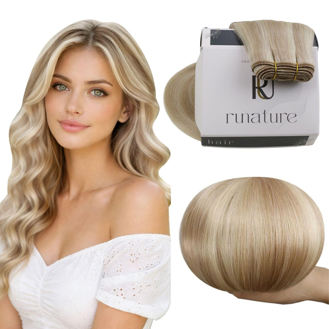 RUNATURE Tressen Extensions Echthaar Aschblond mit Platinblond Tressen Echthaar Sew in Weft Echthaar