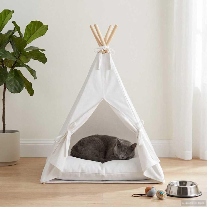 Haustier-Tipi mit Kissen Weiss 40 x 40 x 50 cm Polyester Kiefernholzrahmen Katzenbett Schlafplatz mi