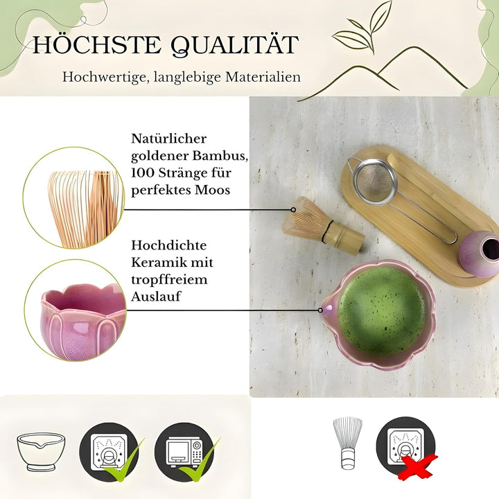 Matcha Set 10 – teilig – Rosa Koffer & Rosa Lotus-Schale – mit Bambusbesen, Löffel, Halter, Sieb – M