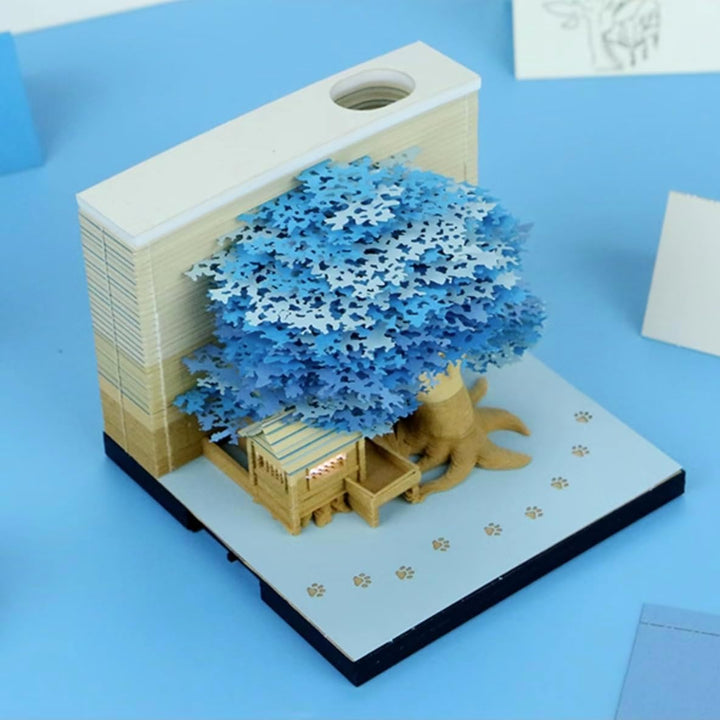 MEICHI 3D Notizblock, nicht verklebt, 3D Baumhaus (Blau) Papierkunst mit Anzeigebox glasklar, 9 x 9