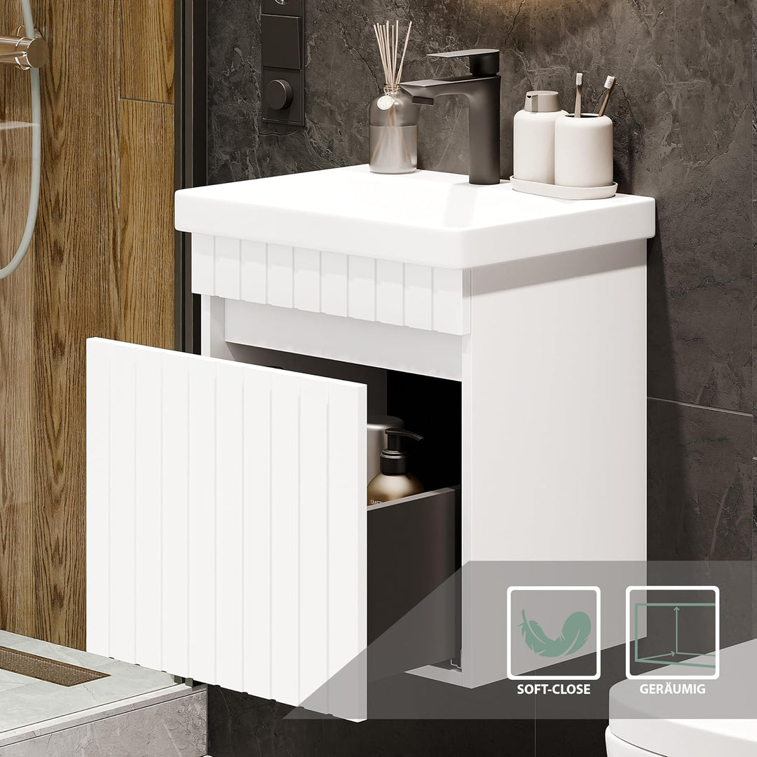 Planetmöbel Cosmia Badmöbel Set Waschbecken mit Unterschrank 50 x 60 x 35 cm Weiss, Spiegel mit Bele