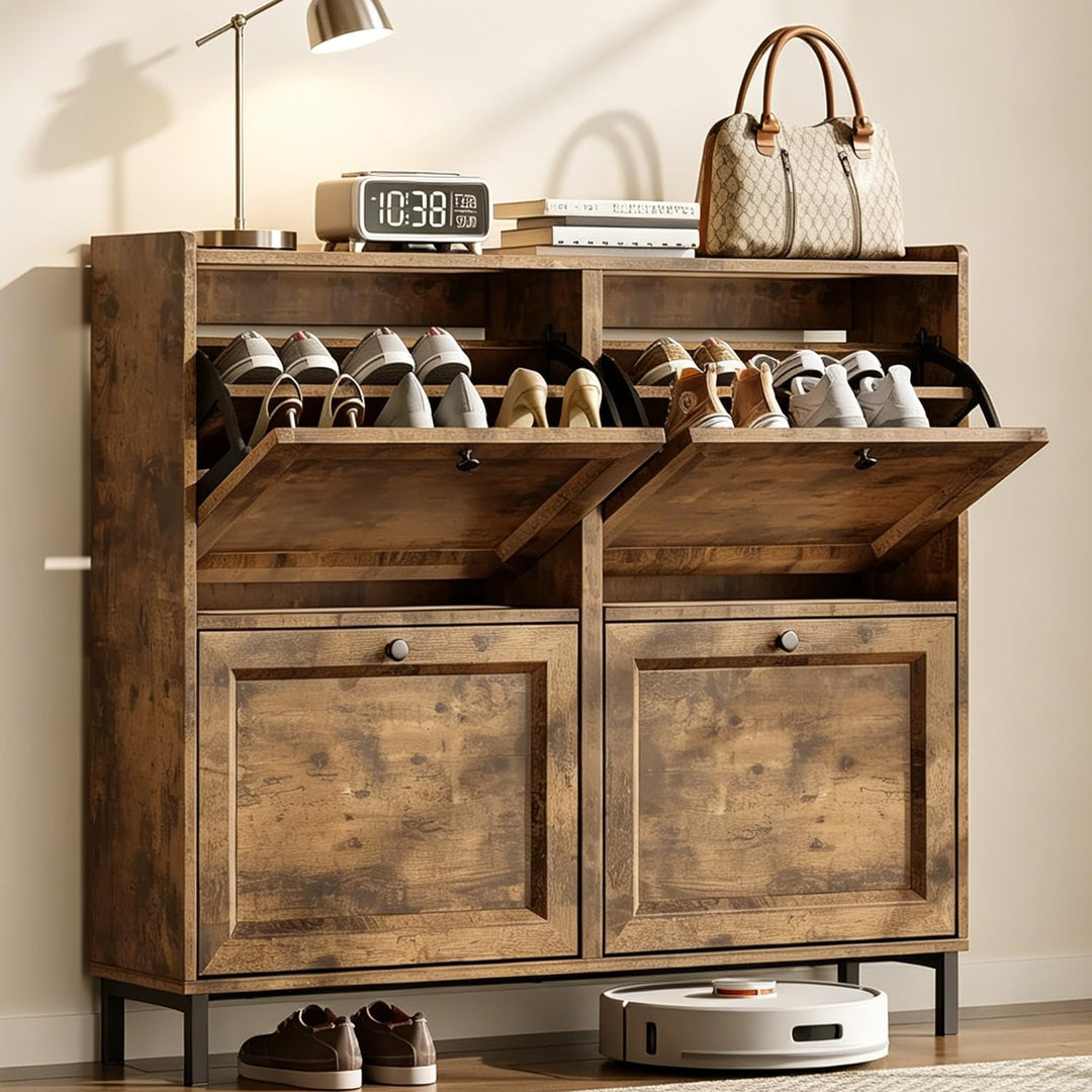4-Klapp Ultra-Schmaler Holz Schuhschrank, Verstellbare Trennwände Schuhschrank für Enge Flure, Eingä