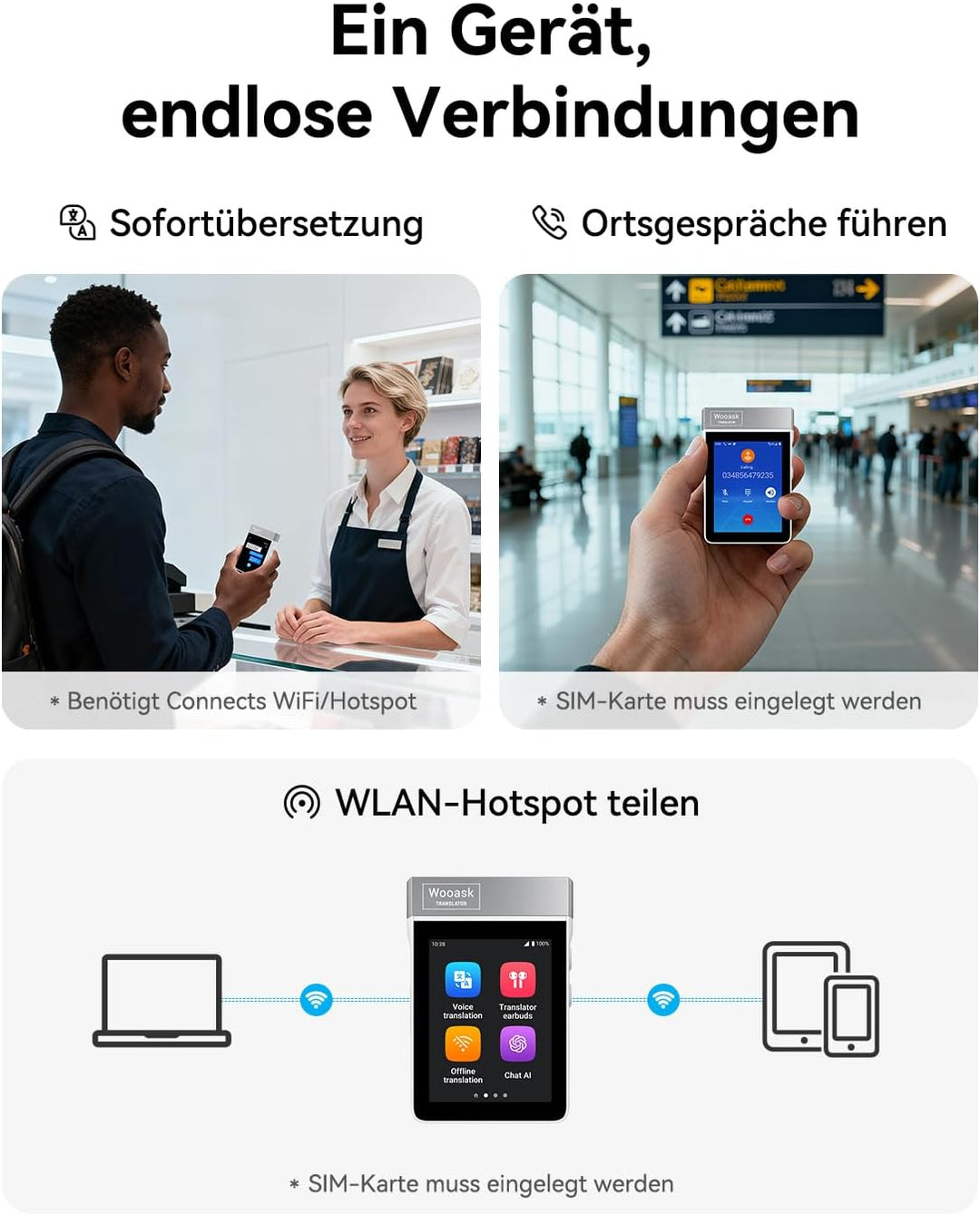 Wooask A9 Übersetzer KopfhöRer Support Anrufe & Hotspot-Freigabe Mit ChatGPT, Sprachübersetzer Ohne