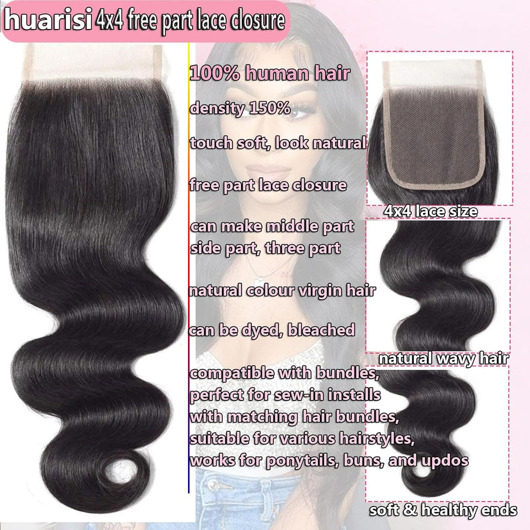 Huarisi 4x4 Closure Human Hair 20 Inch Free Part Lace Closures 12a Grade Brazilian Body Wave Virgin