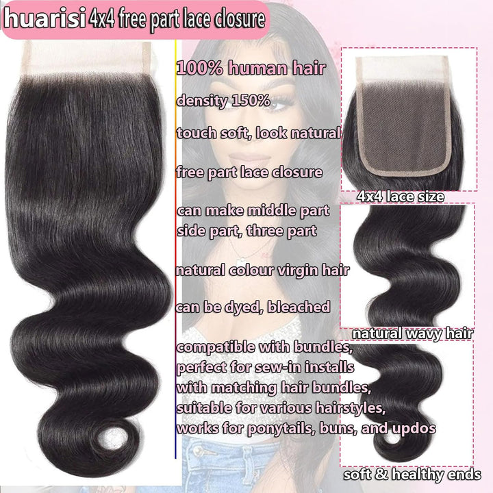 Huarisi 4x4 Closure Human Hair 20 Inch Free Part Lace Closures 12a Grade Brazilian Body Wave Virgin
