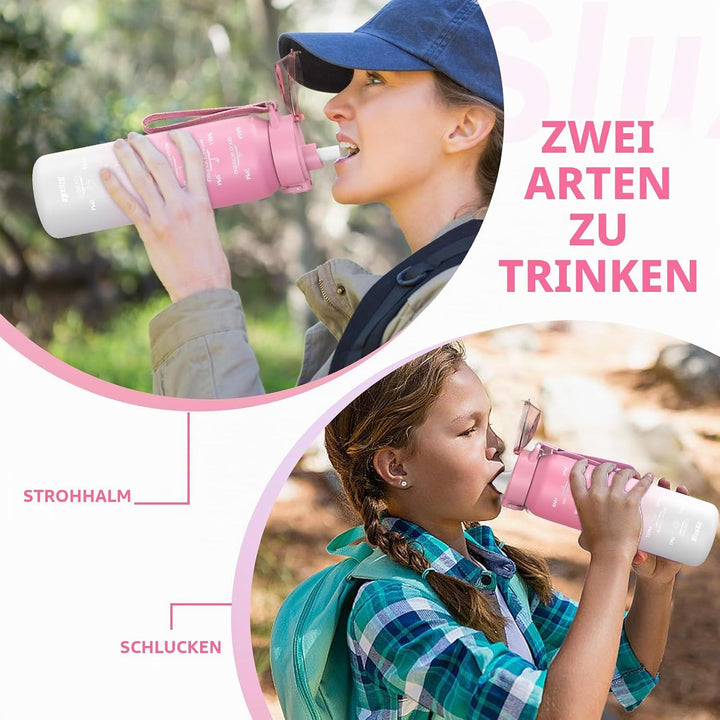 SLUXKE Trinkflasche Edelstahl 1000ml mit 2Deckel（Strohhalm&amp; no Strohhalm, [18/10 Edelstahl] 1Liter T