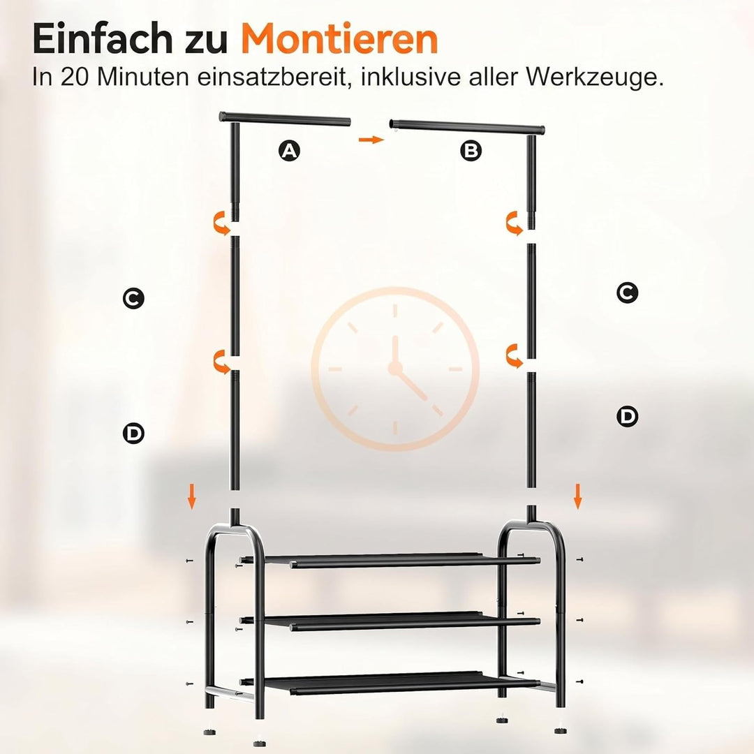 MISSLO 76CM Stabil Kleiderständer – freistehende Klein Kleiderstange mit 3-stufiger Schuhorgansation