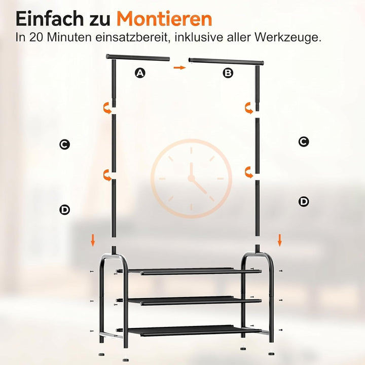 MISSLO 76CM Stabil Kleiderständer – freistehende Klein Kleiderstange mit 3-stufiger Schuhorgansation