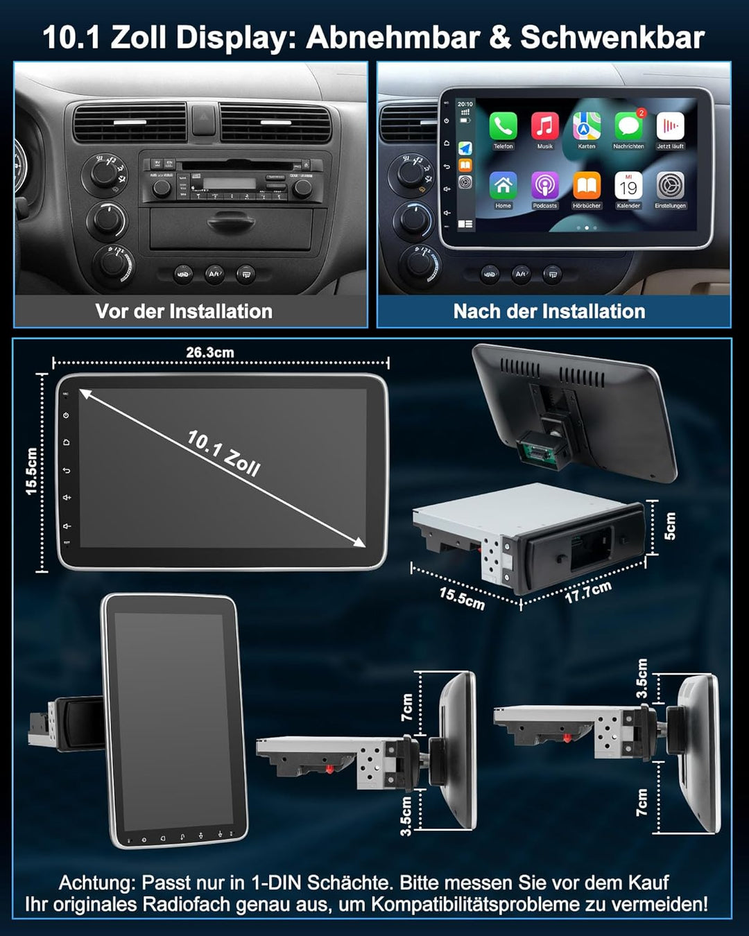 Autoradio mit Bildschirm Single DIN Auto Radio mit Navi Bluetooth Wireless CarPlay Android Auto DAB