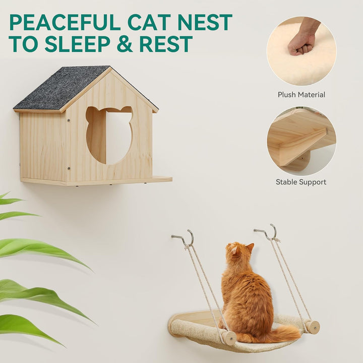 YITAHOME Katzenkletterwand-Set, Stabiler Holz Katzenmöbel, 7-Teilig Katzen Wandelemente mit Katzenha
