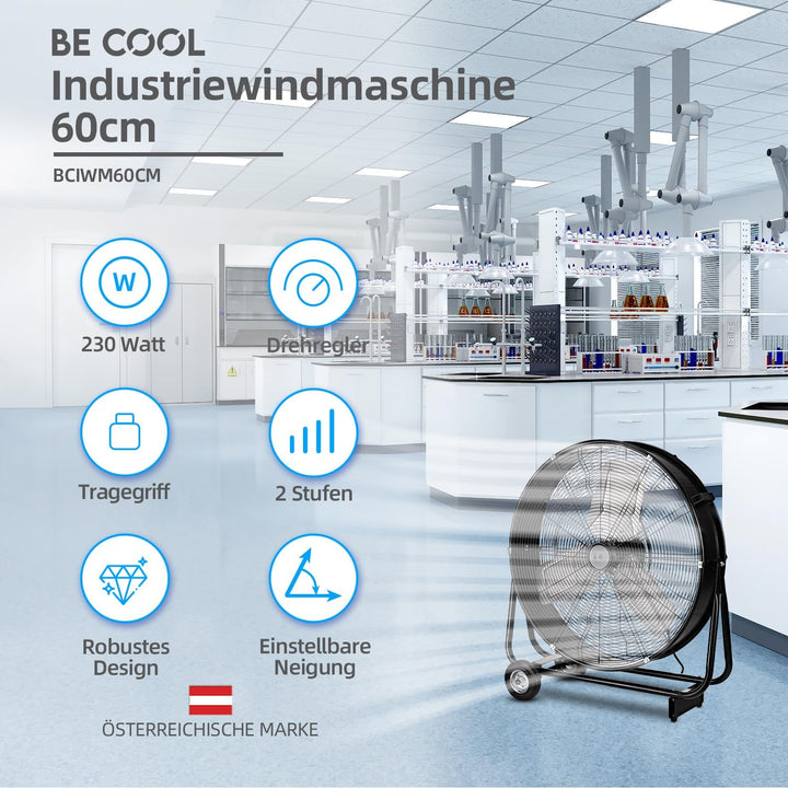 Be Cool Industrie-Windmaschine 60cm BCIWM60CM – Fahrbarer Trommelventilator, Ø 60 cm (24"), 230 Watt