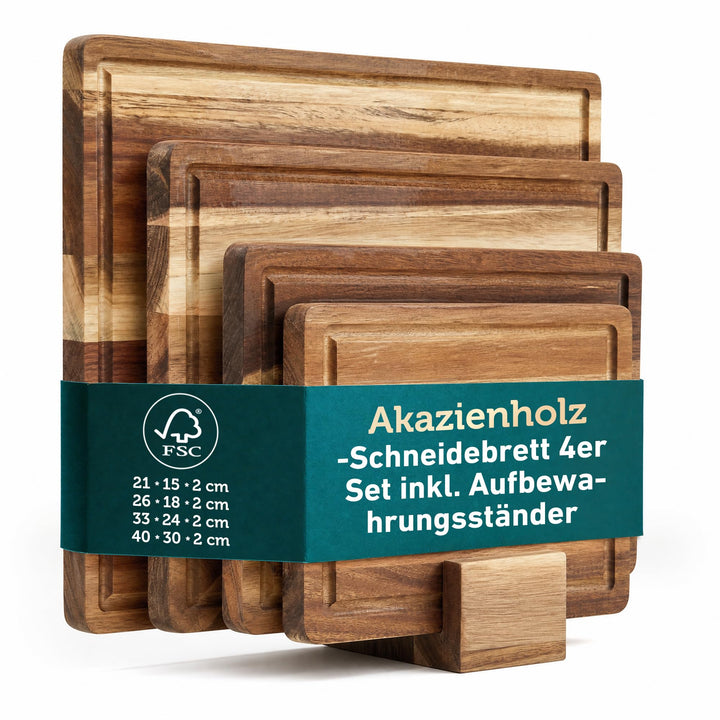Schneidebrett Holz 4er Set aus massiver Akazie – Holzschneidebrett gross 40x30 cm / 33x24 / 26x18/21