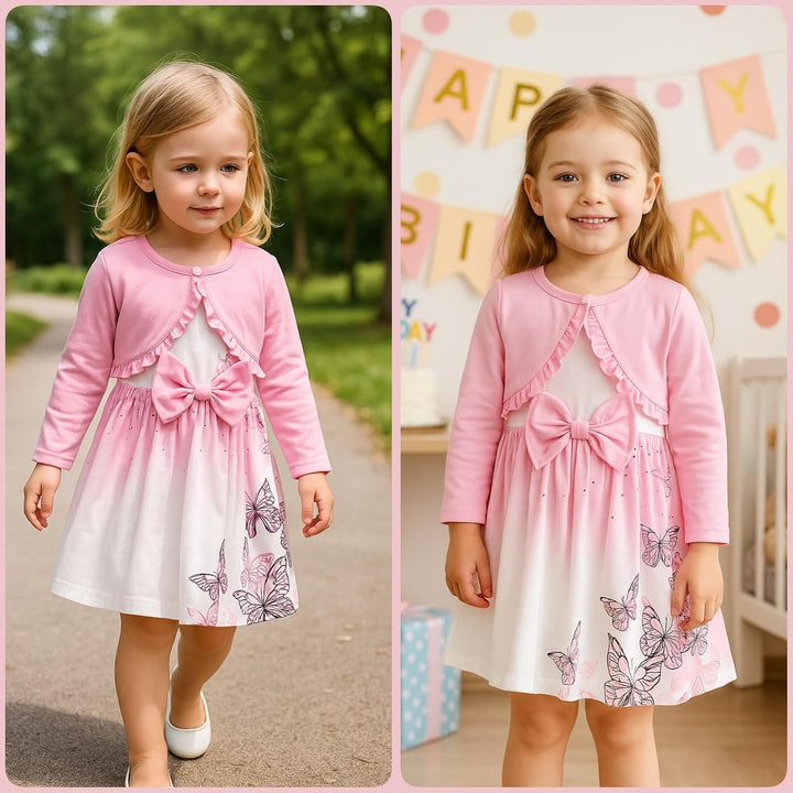Kunyeah Baby Mädchen Kleid und Strickjacke Set Kleinkind Ruffle Shrug Mantel Schmetterling Print Roc