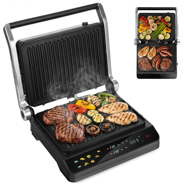 LEHMANN Kontaktgrill, 2000 W, Tischgrill 180° aufklappbar, Abnehmbare Antihaftplatten, Display: 10 P