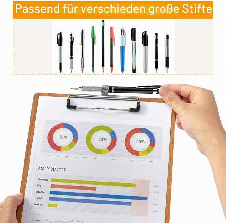 Klemmbrett Holz A4,Klemmbrett aus Holz mit Stifthalter,Klemmbretter für Geschäft, Büro, Schule Oder