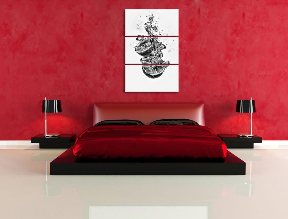 Pixxprint Limette fällt in das Wasser als Leinwandbild/Grösse: 3 Teilig (120x80) cm/Wandbild/Kunstdr