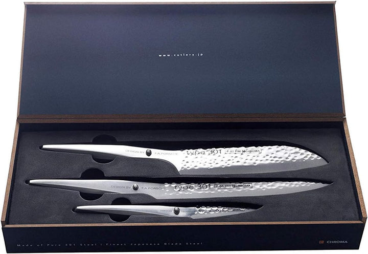 Chroma Type 301 Messerset, Tranchiermesser, Santoku, Schälmesser, Design By F.A. Porsche, P529HM
