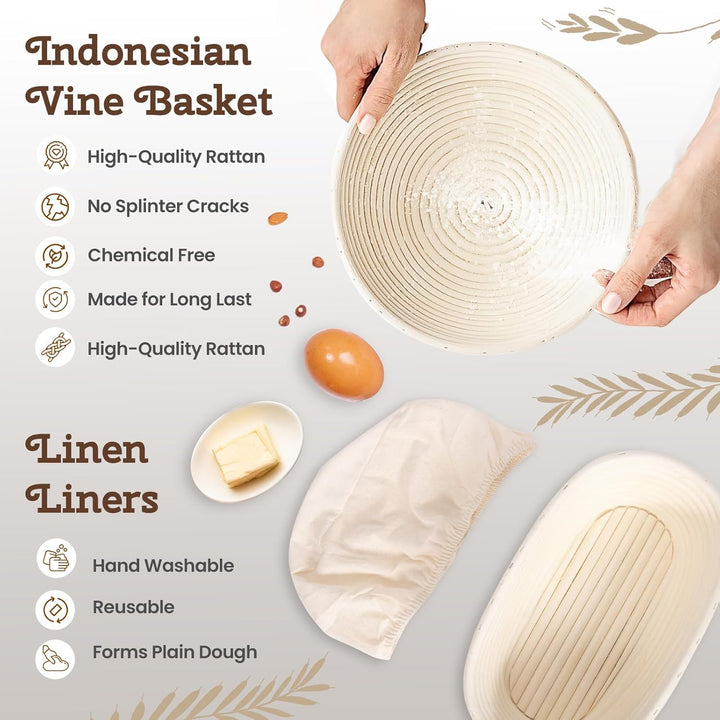 Gärkorb Brot Set, 10-teilig Sauerteig Starter Set, Gärkörbchen zum Brotbacken, 25cm Runde+23cm Ovale