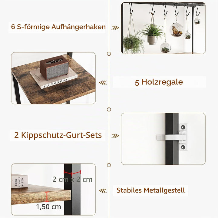 Indoor Pflanzenständer, 5 Etage 180 cm, Grosses Metall Pflanzenregal mit Haken zum Aufhängen, Multif