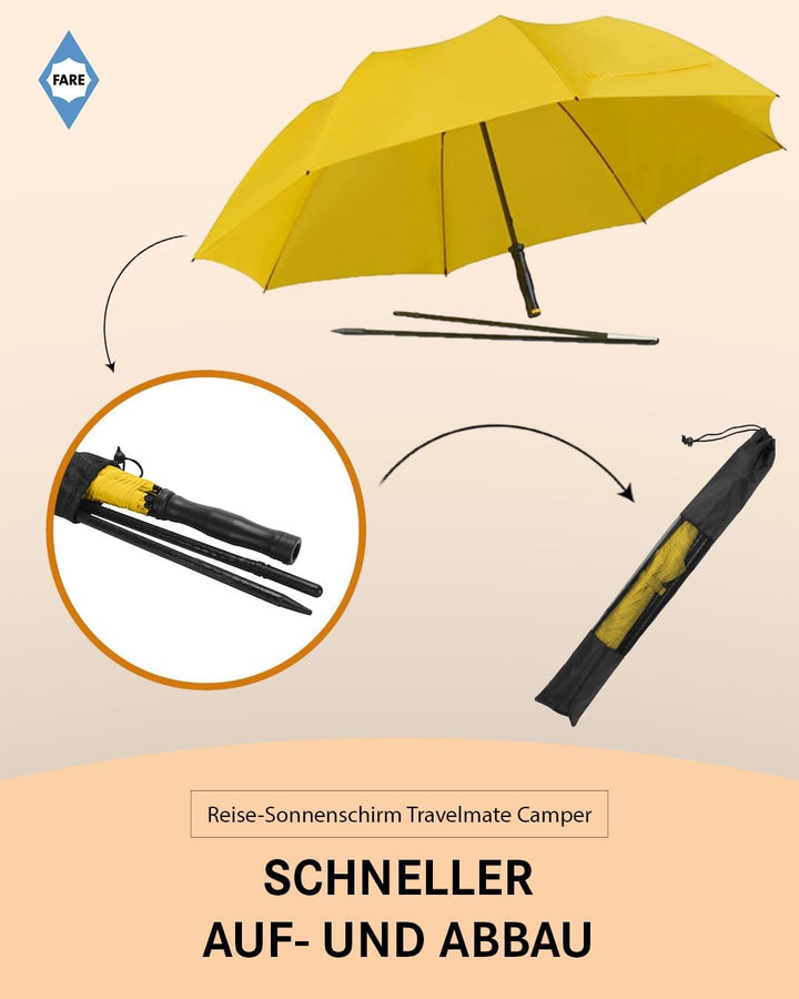 FARE Reise-Sonnenschirm Travelmate Camper UV Schutz 50+ für Koffer Flugzeug Camping Balkon Strand Ga