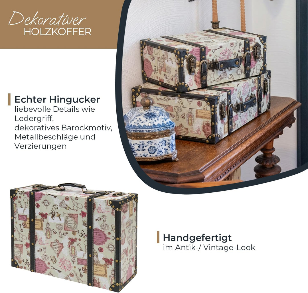 HMF Vintage Deko Koffer aus Holz, Aufbewahrungsbox mit Deckel und Ledergriff, stilvolle Aufbewahrung