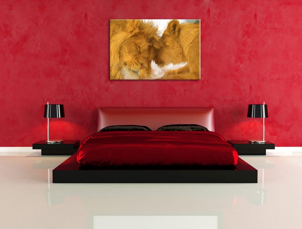 Pixxprint Kuschelnde Löwen als Leinwandbild/Grösse: 100x70 / Wandbild/Kunstdruck/fertig bespannt, 10