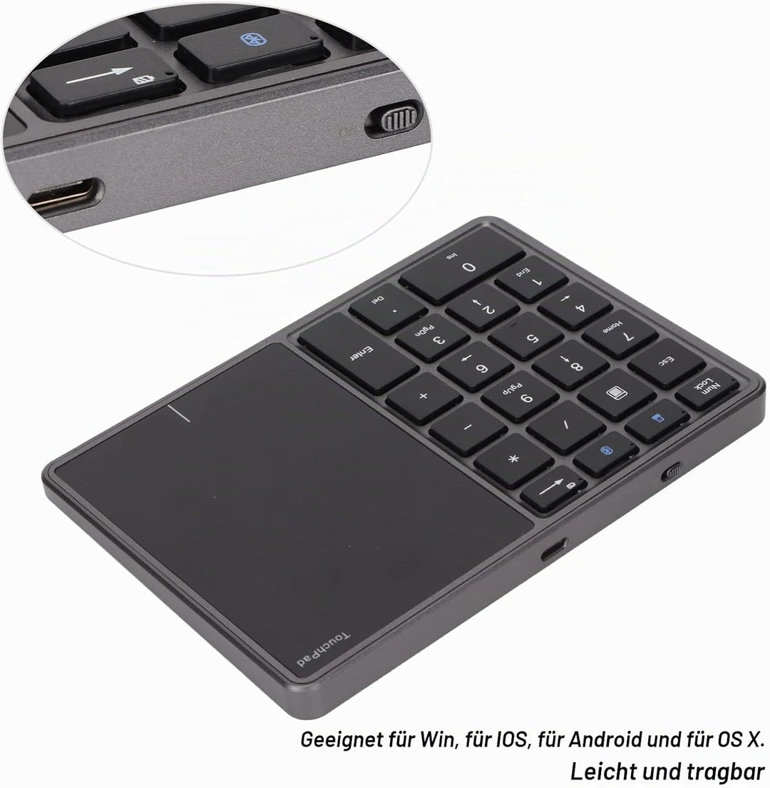 Kabelloser Ziffernblock, 2 in 1 22 Tasten 2,4 G Touchpad Bluetooth 4.2 Nummernblock, Typ C Aufladung