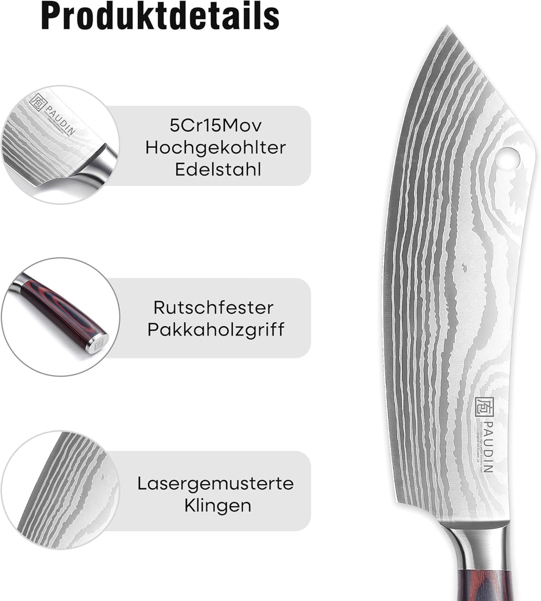 PAUDIN Hackmesser Japanisch Messer 20cm Küchenmesser als Ausbeinmesser Küchenbeil Kochmesser aus hoc