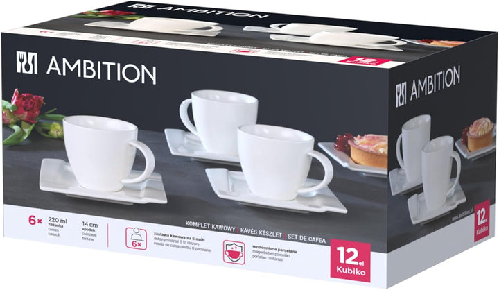 AMBITION Kaffeeservice Kaffee Set Porzellan Eckig Weiss Tassen Untertasse Kubiko 12 Tlg.