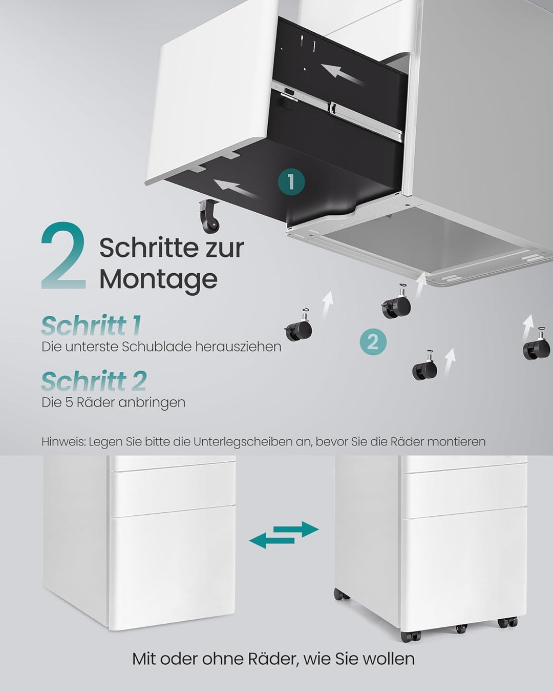 SONGMICS Schubladenschrank, Rollcontainer mit 3 Schubladen, abschliessbarer Aktenschrank, vormontier