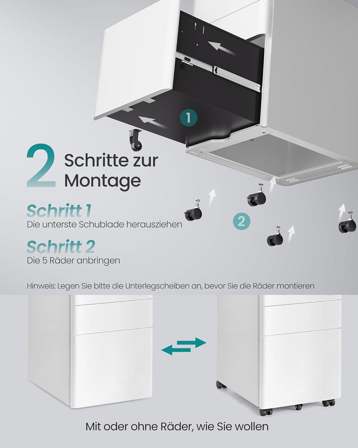 SONGMICS Schubladenschrank, Rollcontainer mit 3 Schubladen, abschliessbarer Aktenschrank, vormontier