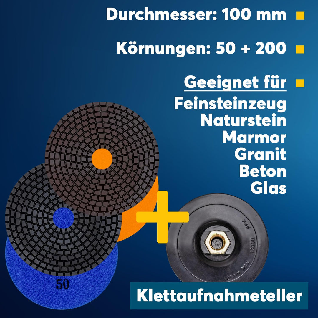 EDW Profi Diamant Schleifpad-Set NASS, Starter -Set, 100mm, Körnung 50 + 200, Klett-Aufnahmeteller M