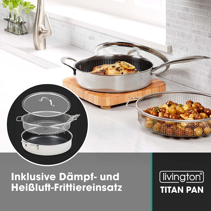 LIVINGTON Titan Pan - Grosse Pfanne mit Deckel 28 cm - hohe Servierpfanne - Hochrandpfanne mit Diama