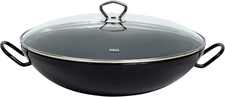 Riess, 0385-022, Wok mit Glasdeckel 36, CLASSIC - SCHWARZEMAILLE, Durchmesser 36cm, Masse 44,5 x 36