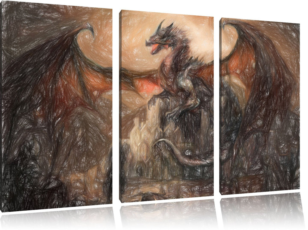Pixxprint Drache schützend über Burg / 3-Teilig/Gesamtmass 120cm Leinwandbild bespannt auf Holzrahme