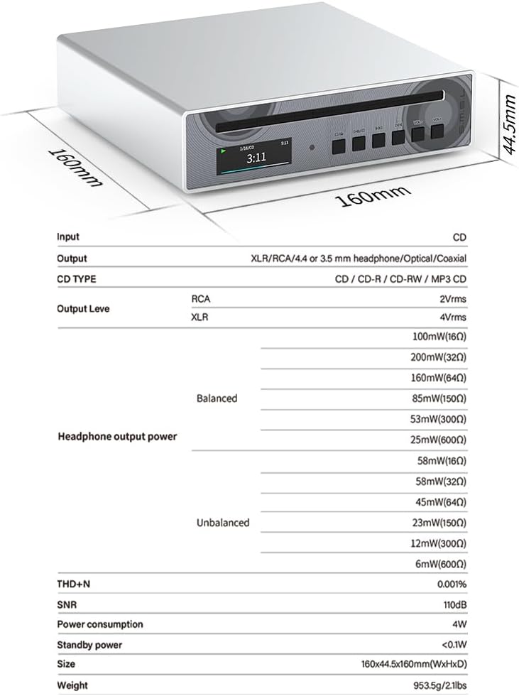 SMSL PL100PRO CD-Player,Cinch-/optischer-/koaxialer-/symmetrischer XLR-Anschluss sowie 3,5/4,4-mm-Ko