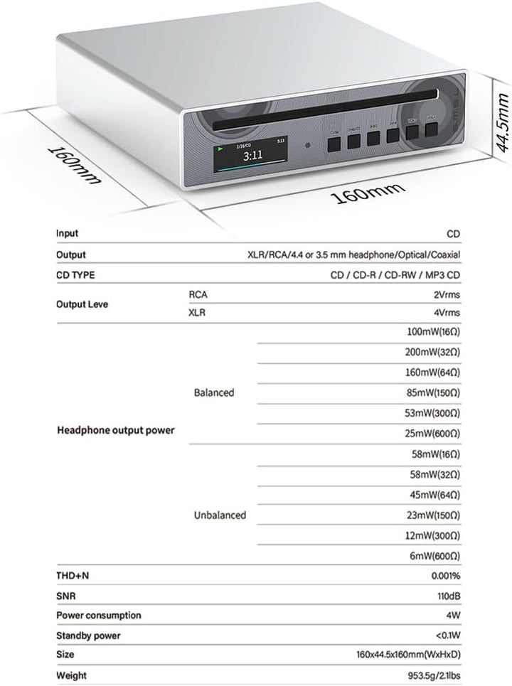 SMSL PL100PRO CD-Player,Cinch-/optischer-/koaxialer-/symmetrischer XLR-Anschluss sowie 3,5/4,4-mm-Ko