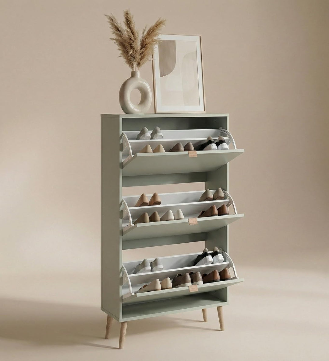 Schuhschrank mit 3 Klappen, Schuhregal Schuhkipper Schmal, Schuhschrank Pastel Grün, Schuhablage Ver