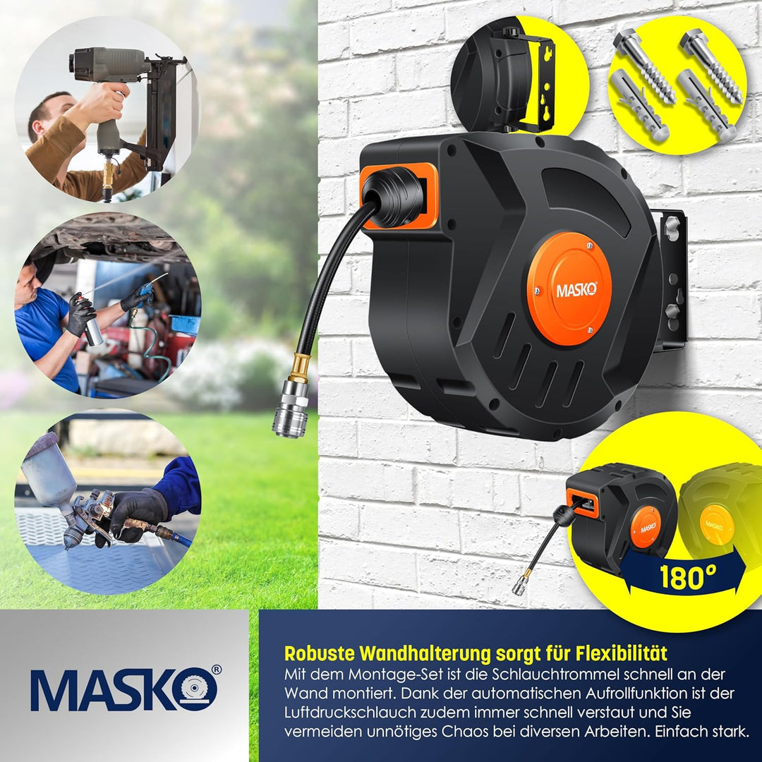 MASKO® Automatik Druckluftschlauch Aufroller 10m – Schlauchtrommel mit 1/4" Anschluss, Schlauchaufro