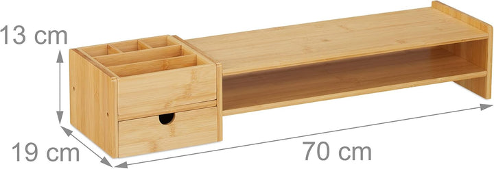 Relaxdays Monitorständer, Bambus, Schublade &amp; 5 Fächer, HxBxT: 13 x 70 x 19 cm, Bildschirmständer Sc