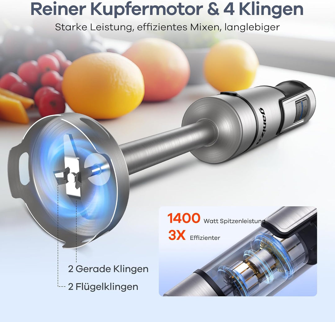 Ganiza Pürierstab 5-en-1, 1200W Stabmixer mit Geschwindigkeitsregelung & Turbo-Modi, Edelstahl Hand